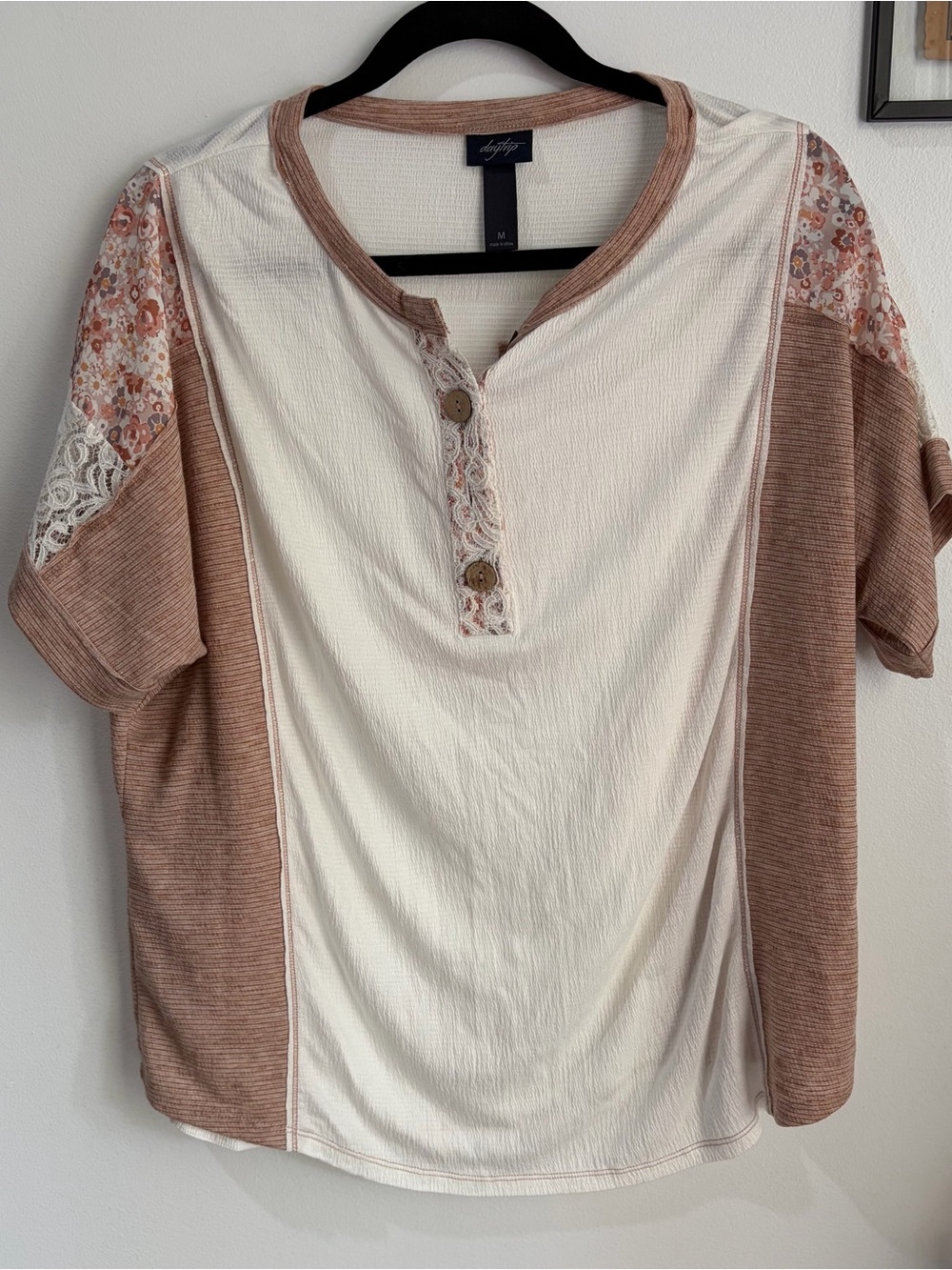 Style & Co. Cream and Dusty Rose Mixed-Panel Henley Tee